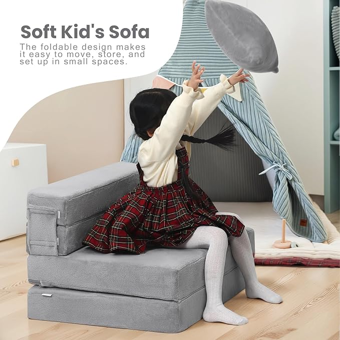 MeMoreCool Foldable Futon Chair Bed for Kids, Grey Tri-fold Convertible Toddler Sofa Mattress, Foam Floor Couch for Sitting