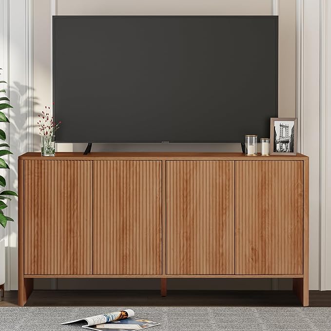 Modern Accent Buffet Cabinet with Adjustable Shelves, Storage Cabinet with 4 Doors, Modern Sideboard Buffet Cabinet, Freestanding Sideboard with Fluted Doors for Kitchen and Living Room (Walnut)