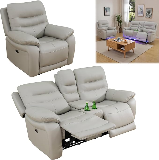 Power Reclining Sofa Set, Genuine Leather Recliner Sofa Set,Living Room Furniture Setwith USB Charging and LED Lights,for Living Room/Apartment/Office/Home Theather,Light Grey,C+L