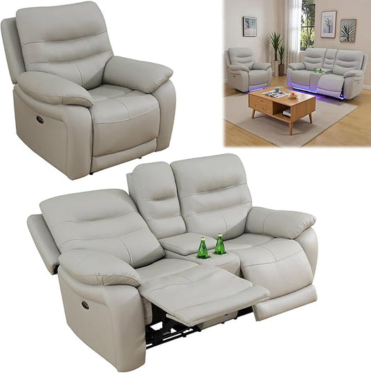 Power Reclining Sofa Set, Genuine Leather Recliner Sofa Set,Living Room Furniture Setwith USB Charging and LED Lights,for Living Room/Apartment/Office/Home Theather,Light Grey,C+L