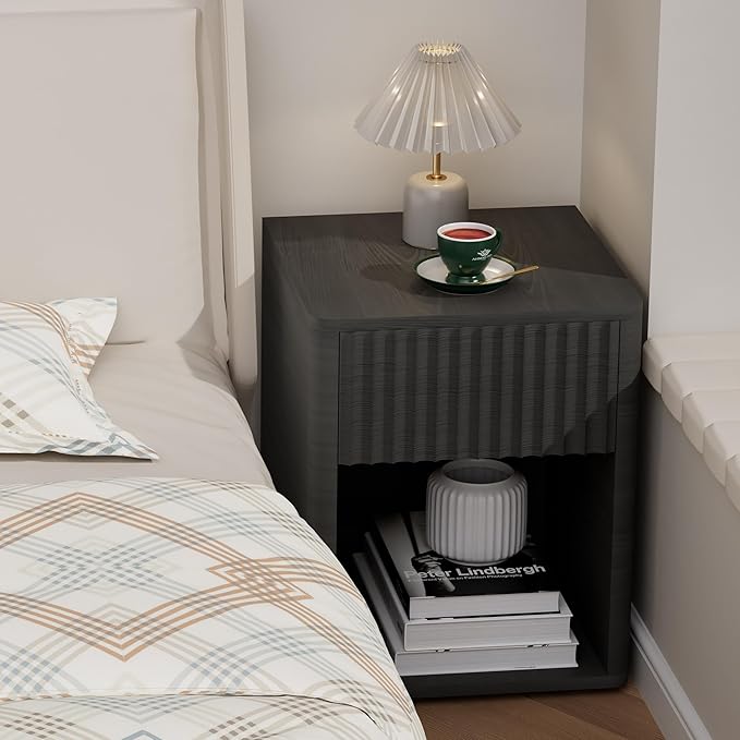 VICITON Fluted Narrow Night Stand,Thin Nightstand with Leather Surface, Small End Table with Storage, Living Room/Bed Side Table for Small Spaces (Dark Gray, Large)