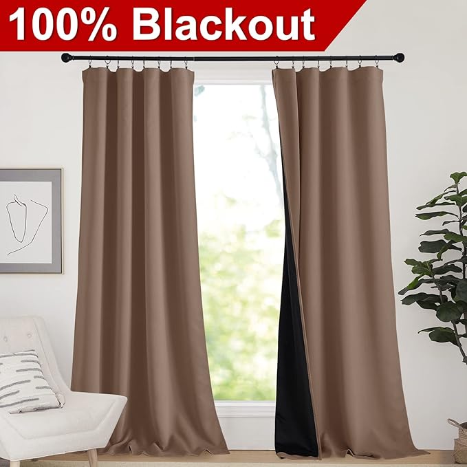 NICETOWN Complete Blackout Room Warming Shades for Large Window Door, 100% Blackout Window Curtain Panels with Black Lined, 52 inches Width Each Panel, 95 inches Length, Cappuccino, Double Pieces