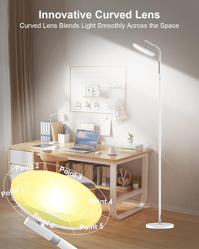 LED Floor Lamp, 32W Super Bright Standing Lamp with Remote Control, Modern Dimmable 69" Torchiere Tall Lamp, 350°Rotating Head Reading Floor Lamp for Living Room, Bedroom, Office, White