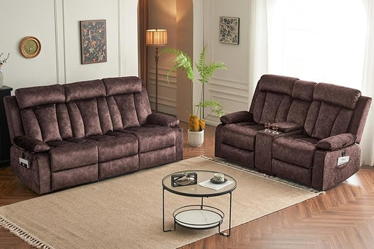 Electric Power Reclining Sofa Set - 3-Seater with Flip-Top Console & Massage Heat, Faux Leather Dual Recliner with USB Ports & Storage, Perfect for Living Room Comfort & Convenience (Brown)