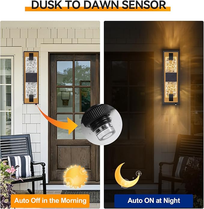HITTO Porch Lights Outdoor, Dusk to Dawn Outdoor Lighting 15.6'' Outdoor Wall Sconce, IP65 Waterproof LED Exterior Lamp, Ripple Crystal Glass, Black&Gold Modern Porch Light for House Front Door 1 Pack