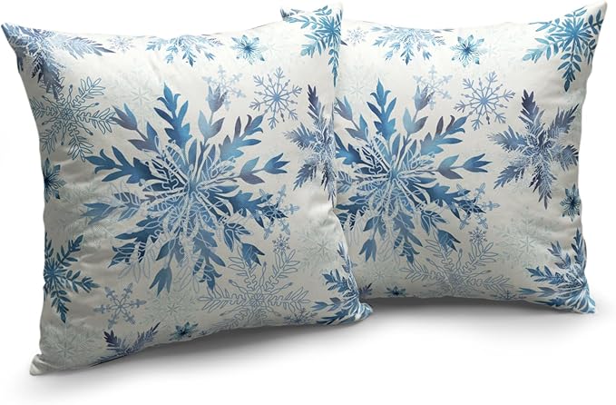 Set of 2 Winter Snowflake Pillow Covers Blue Christmas Decorative Throw Pillow Cases 24x24 Inch Farmhouse Xmas Holiday Outdoor Cotton Linen Pillowcase for Living Room Couch Sofa Decor