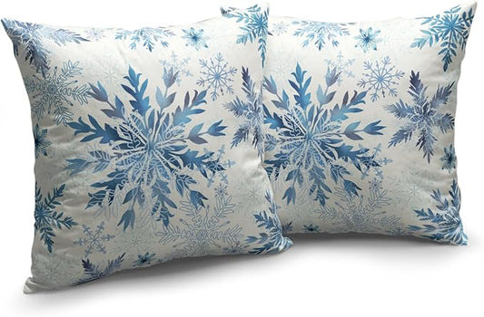 Set of 2 Winter Snowflake Pillow Covers Blue Christmas Decorative Throw Pillow Cases 24x24 Inch Farmhouse Xmas Holiday Outdoor Cotton Linen Pillowcase for Living Room Couch Sofa Decor