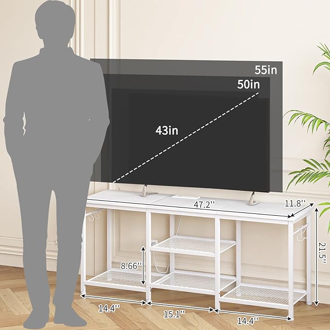 YGEOMER Entertainment Center for 55 inch TVs, TV Stand with Power Outlet and Open Storage Shelves, TV Media Console Table for Living Room and Bedroom, White