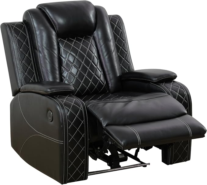 Power Recliner Chair with LED Lights & USB-C Port, Black Leather Electric Lounge Chair