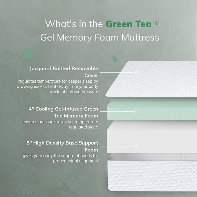 MLILY EGO White 12 inch Twin Memory Foam Mattress, Gel Green Tea Mattress Bed in a Box, Made in USA, CertiPUR-US Certified, 38"×75", Medium Firm