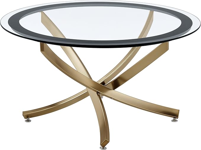 Coaster Home Furnishings - Brooke - Glass, Metal - Round Coffee Table with Clear Glass Top, Crisscross Metal Legs and Black Trim - Living Room - 35.5 Inch - Rose Brass - 707888