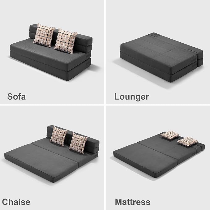 ARTPLAN Convertible Folding Sofa Bed, High-Density Memory Foam Sofa with a Fluffy Pillow, Modern Futon Floor Couch Guest Twin Bed for Living Room/Dorm/Guest Use/Home Office/Apartment,Dark Grey