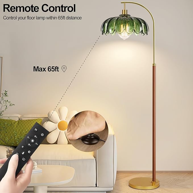 Wood Floor Lamps for Living Room,Gold Floor Lamp with Remote Control & Glass Lampshade,Arc Flower Lamp Dimmable Mid Century Modern Standing Lamp Vintage Brass Tall Floor Lamp For Bedroom Corner