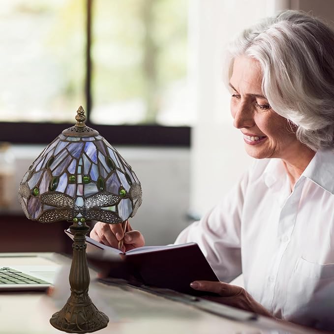 Tiffany Small Table Lamp Blue Dragonfly Hand-Made Stained Glass Table Lamps for Bedroom 8.5X8.5X15 Inch Night Light Bedside Nightstand Home Office Desk Lamp W/ E12 LED Bulb