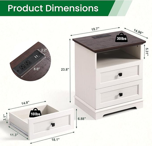20-Inch Wide Modern Nightstands Set of 2 with Charging Station & Outlets, Bedside Tables with 2 Drawers and Open Shelf, Sleek Design End Tables for Bedroom and Office, White