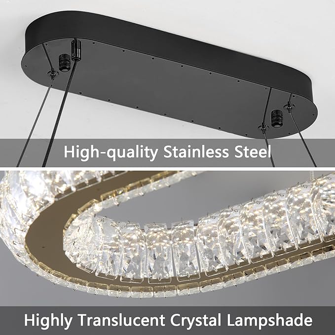 LED Ring Chandelier Oval Rings Pendant Lights for Dining Table Kitchen Island Remote Dimmable Hanging Light Chandeliers for Entryway Living Room Crystal Lighting Black
