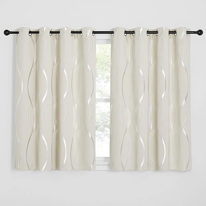 NICETOWN Blackout Short Curtains Panels for Bedroom, Microfiber Noise Reducing Thermal Insulated Wave Line Foil Print Design Blackout Curtains for Office, Classroom (Beige, 2 Panels, 52 x 45 Inch)