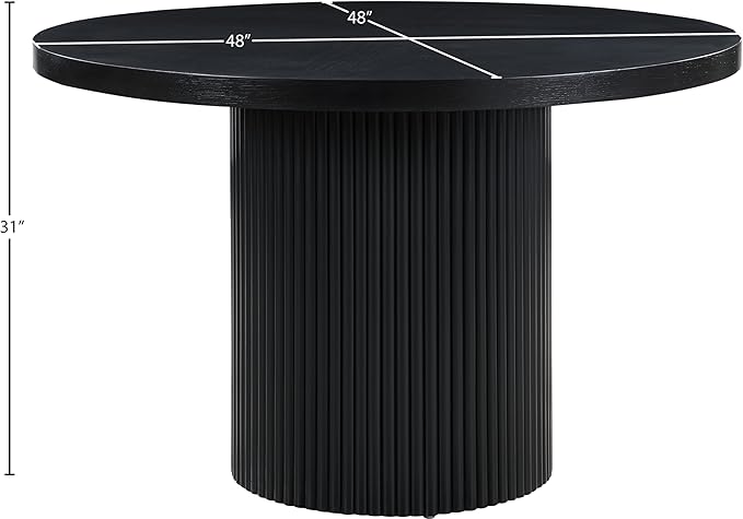 Meridian Furniture 728Black-T Belinda Collection Mid-Century Modern Dining Table, Solid Wood Base, Black Finish Oak Wood Veneer MDF Top, Round Top, Fluted Base, 48" W x 48" D x 31" H, Black