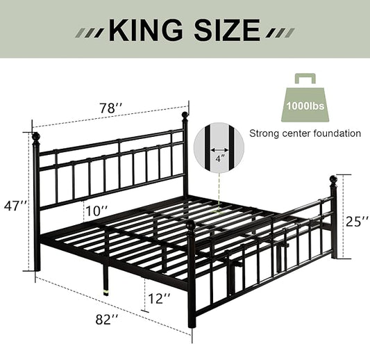 Feonase King Size Metal Platform Bed Frame with Victorian Classic Iron-Art Headboard & Footboard, 12" Under Bed Storage, Steel Slats Support, No Box Spring Needed, Easy Assembly, Noise-Free, Black