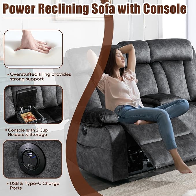 GUEAPY Power Reclining Loveseat with Heat & Massage,2 Seat Reclining Sofa with Console, Cup Holders, USB & Type-C Ports, Comfort Reclining Couch for Living Room Furniture Set, RV Loveseat Couch