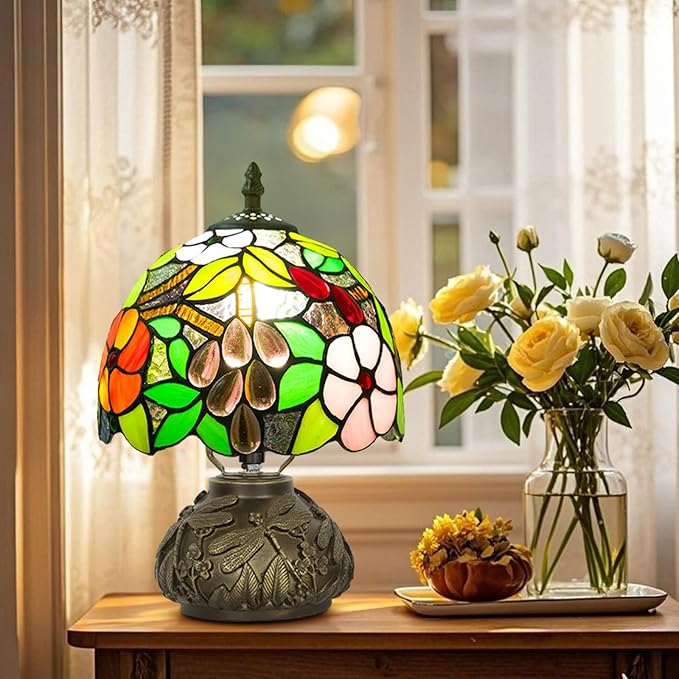 Small Tiffany Table Lamp,Stained Glass Lamp,8 Inch Mushroom Style Mini Vintage Desk Lights for Bedside, Bedroom,Nightstand,Living Room,3 Color Temperature (Grape)
