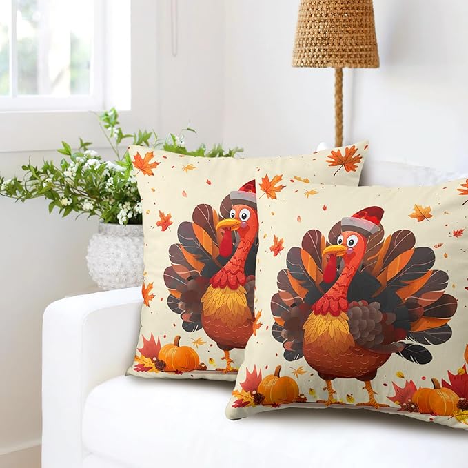 Turkey Pillow Covers 24x24 Set of 2 Happy Thanksgiving Turkey Maple Leaves Pumpkin Throw Pillow Case Fall Harvest Pillowcase Covers Farmhouse Decorative Cushion Cases for Outdoor Couch Patio