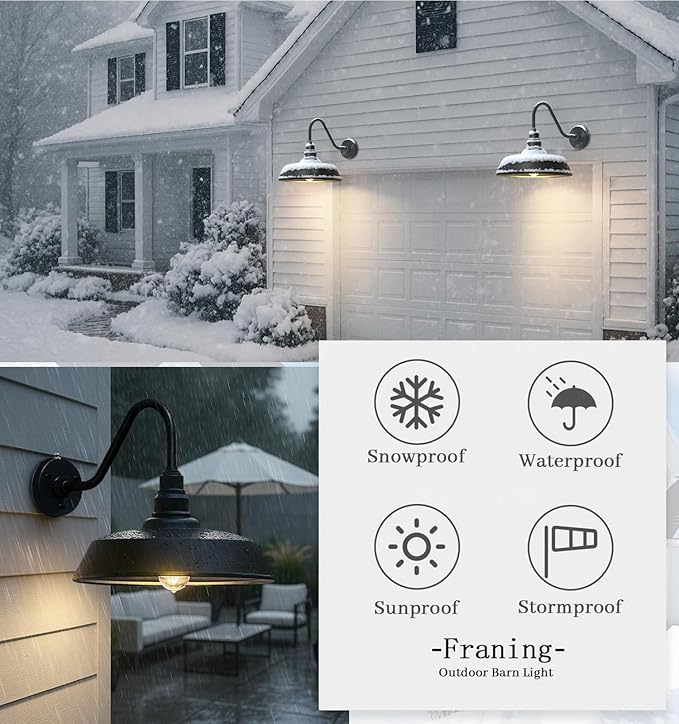 24 Inch Large Gooseneck Barn Light Outdoor Lights 2-Pack, Vintage Exterior Black Barn Light with Dusk to Dawn Sensor for Farmhouse, Porch, Patio, Gooseneck Lighting…