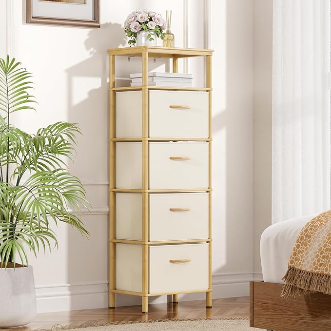 Bamboo Tall Skinny Dresser, Small Space Storage Narrow Dresser, 4 Large Water-Resistant Fabric Drawers, Small Dressers, for Bedrooms, Living Rooms, Hallways
