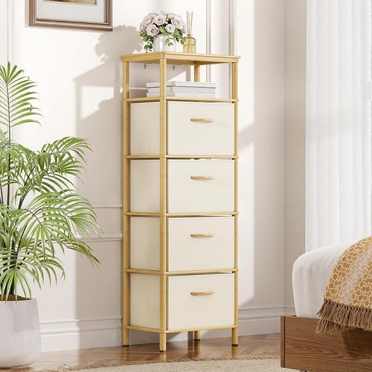 Bamboo Tall Skinny Dresser, Small Space Storage Narrow Dresser, 4 Large Water-Resistant Fabric Drawers, Small Dressers, for Bedrooms, Living Rooms, Hallways