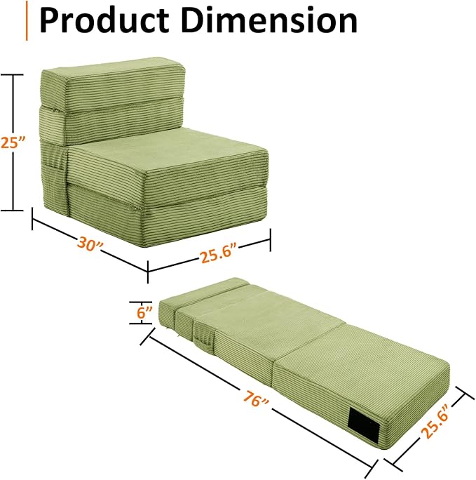 JKMAX Single Size Folding Sofa Bed - 4 in 1 Convertible Sleeper Chair - High Density Memory Foam Futon Couch - Foldable Bed for Living Room Bedroom (Green)