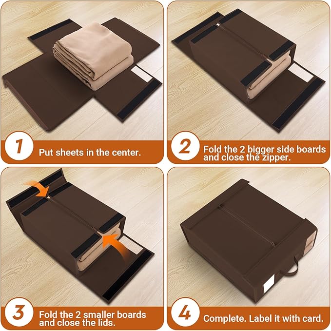 6 Pack Bed Sheet Closet Organizers and Storage,Sturdy Foldable Storage Containers with Window and Label,Storage and Organization for Bedding Sheets,Duvet Covers,Blankets (Brown)