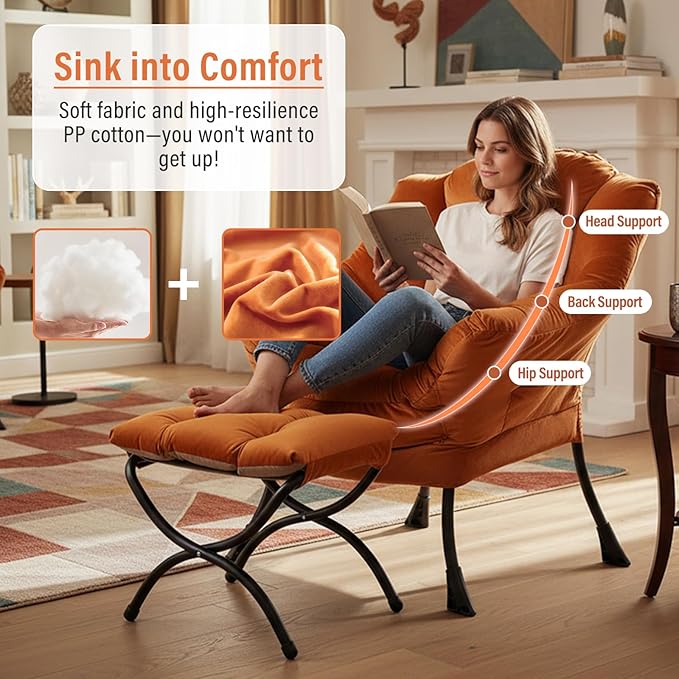 Lazy Chair with Ottoman, Modern Chair with Folding Footrest, Velvet Orange Accent Chair, Comfortable Reading Chair, Oversized Armchairs for Bedroom, Study, Living Room, Courtyard