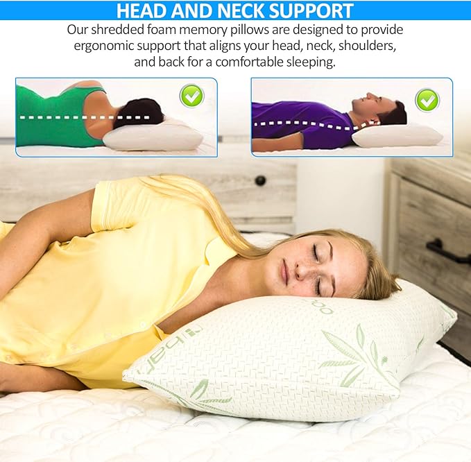Elif Queen Size Pillows for Sleeping, Set of 2 – Cooling Shredded Memory Foam Pillows with Removable Cover for Back, Stomach & Side Sleepers, Rayon Derived from Bamboo, Queen (2 Pack)