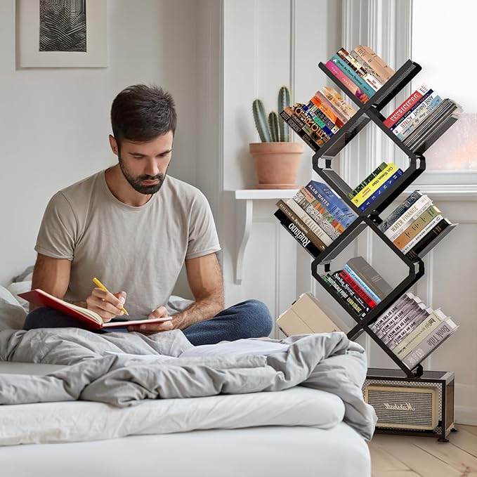 HI NINGER Tree Bookshelf,9 Tier Folding Bookshelf with Storage Cabinet, Tall Narrow Bookshelves Organizer,Bookcase Tower,Tall Floor Standing Book Organizer for Living Room/Bedroom/Home Office/Corner