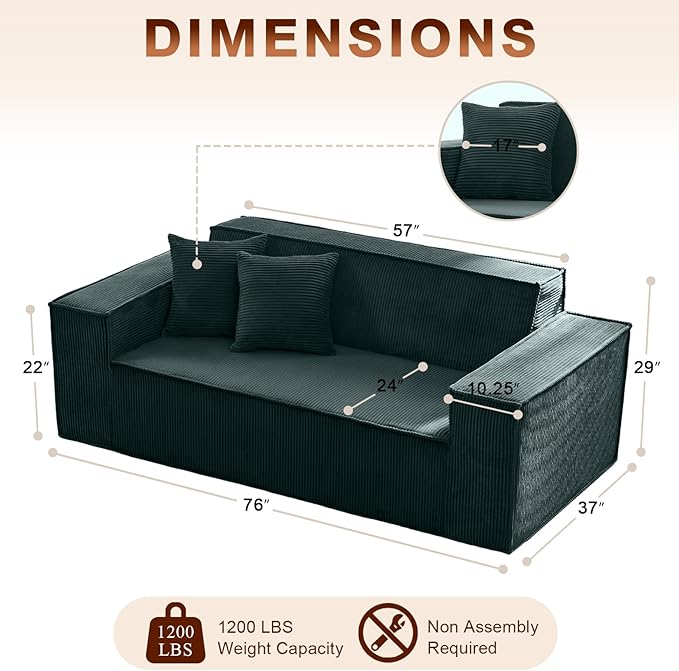 SUYOLS Corduroy Cloud Couch with Pillow, Premium Memory Foam, No Assembly Required, Deep Seat Sofa in Box, Space-Saving Chair for Home, Living Room, Bedroom, Apartment, Office, 3-Seater, Dark Green