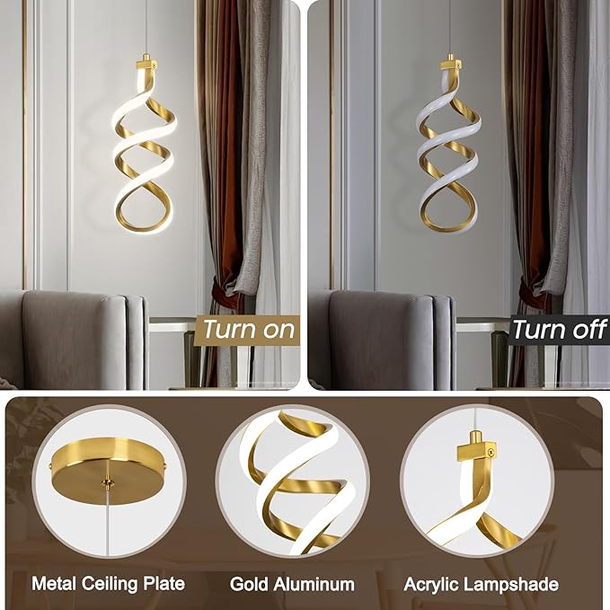 3 Packs Pendant Light, 15W Spiral Led Pendant Light, 4500K Modern Pendant Lights Kitchen Island, Adjustable Height Pendant Light for Dining Room Bedroom Kitchen Island Cafe