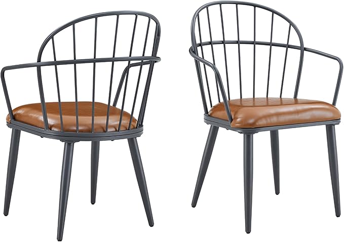 Christopher Knight Home Drats Dining Chairs Set of 2, Accent Dining Chair, Faux Leather Upholstered Kitchen Chair, Bucket Backrest Metal Frame Armchair, Industrial Dining Chair for Dining Room, Brown