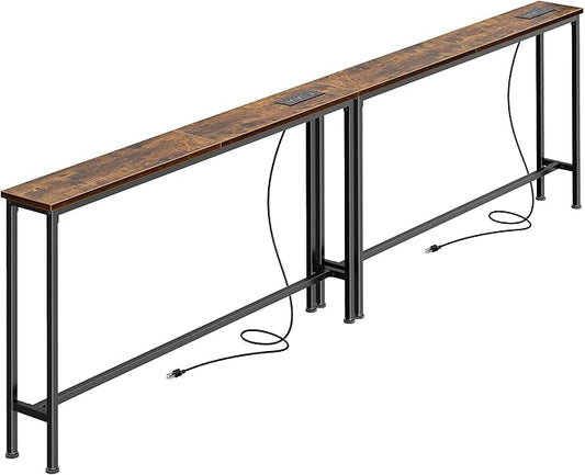 SUPERJARE 86.6 inch Narrow Console Table with Outlet, Sofa Tables, Behind Couch Table, Long Entryway Tables with Charging Station, for Living Room, Rustic Brown