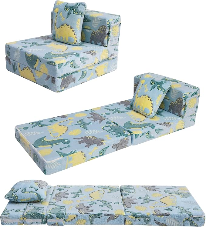 MeMoreCool Glow Dinosaur Tri-fold Sofa Bed for Kids, Foldable Futon Mattress and Chair, Convertible Floor Couch for Playroom