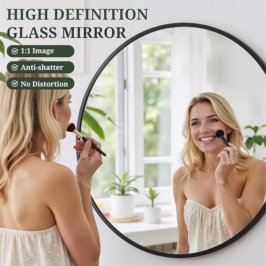 Simple Deluxe 28 Inch Round Bathroom Mirror, Black Vanity Mirror with Metal Frame, Modern Circle for Bathroom, Entryway, Bedroom, Living Room, Wall Mounted Decorative Mirrors (Black)