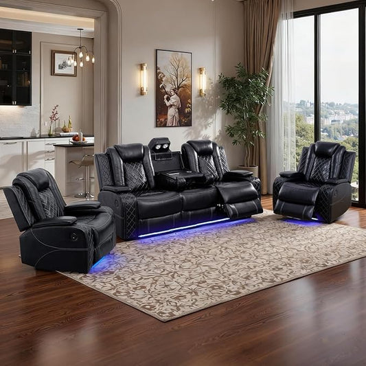 Power Leather Recliner Sofa Set with LED Light,Reclining Sofa and 2*Chairs Set with Coffee Table/USB Charger/Storage,Luxury Leather Couch for Living Room/Home Theater(3+1+1 Seats,Black)