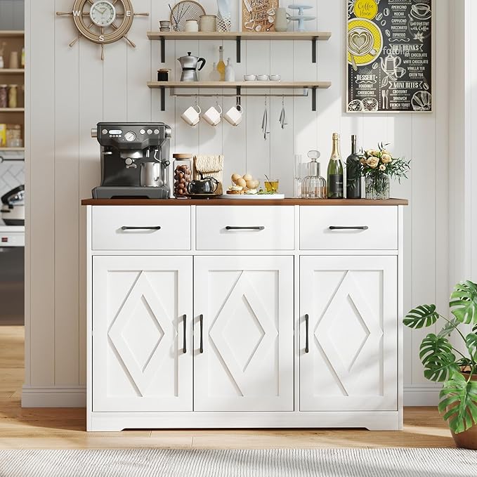 Modern Farmhouse Sideboard, White Wooden Buffet Cabinet with 3 Drawers & Adjustable Shelves for Kitchen, Living Room, Entryway, Coffee Bar