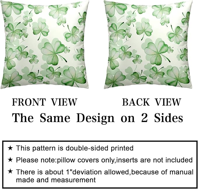 Spring Pillow Covers 20x20 Green Shamrock Pillows Cushion Cases Set of 2 Lucky Clover Decor Pillow Cases March Decorations for Indoor Living Room Couch