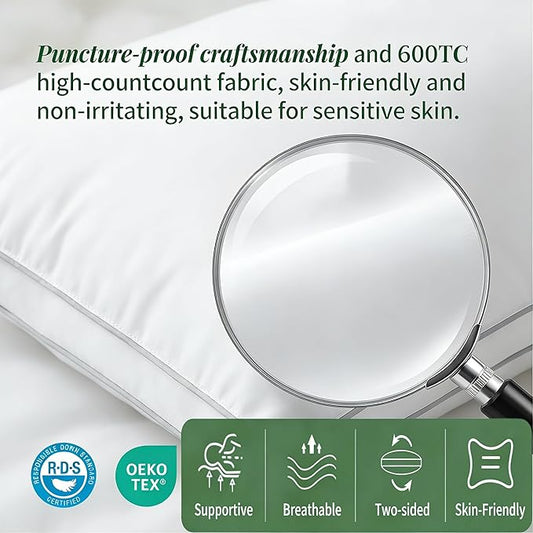 Goose Down Pillow, Standard Size Set of 1 with 3-Layer Design, Hotel Down Bed Pillow for Side, Back, and Stomach Sleepers, Soft 600 Thread Count Cotton Cover–Luxury Hotel Pillows Quality(20" x 26")