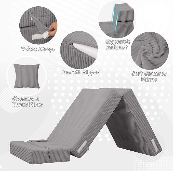 MeMoreCool Folding Sofa for Kids, Corduroy Fold Out Futon Chair, Small Foldable Floor Mattress, Portable Children Couch Sofa, Light Grey