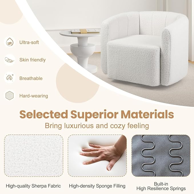 KOMFOTT Swivel Barrel Chair, Sherpa Fabric Accent Chair with Curved Backrest & Armrests, Upholstered Armchair with Wide Seat, Pumpkin Shaped Single Sofa Chair for Living Room, Bedroom, White