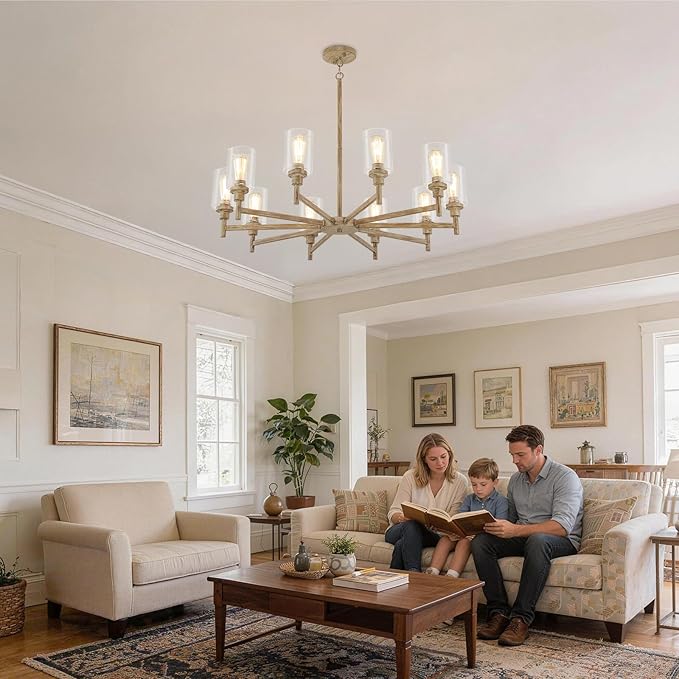 Large Farmhouse Chandelier, 10 Light Rustic Chandeliers for Dining Room Light Fixtures Over Table | Fake Wood Hanging Lighting with Clear Glass Cover for Living Room | Kitchen | Foyer