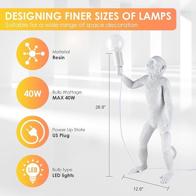 Modern Resin Standing Monkey Table Lamp,Desk Lamp,Animal Lamp,Bedside LED Light for Home Decor,Living Room, Bedroom, Home Office, Kids Room(White-Standing)