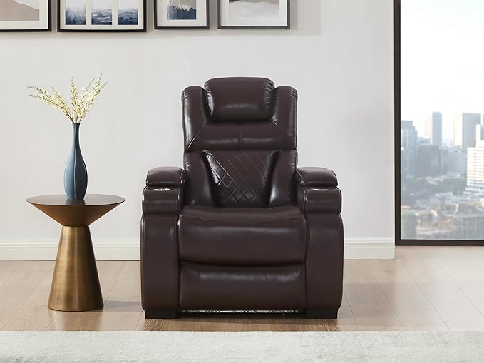 THSUPER Power Breathable Leather Reclining Chair with 7-Color LED Light, Living Room Recliner Chair with Adjustable Headrest/USB Port/Cup Holder/Storage Arm for Living Room, Brown