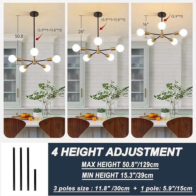 Modern Sputnik Light Fixture,Semi Flush Mount Ceiling Light Black and Gold Mid Century Chandeliers for Bedroom,Dining Room,Kitchen Island,Living Room,Bedroom,Farmhouse